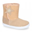 ESKIMO style large kids boot shoes with hook and loop strap closure in Suede leather with STARS print design.