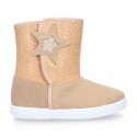 ESKIMO style large kids boot shoes with hook and loop strap closure in Suede leather with STARS print design.