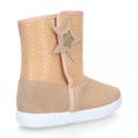 ESKIMO style large kids boot shoes with hook and loop strap closure in Suede leather with STARS print design.