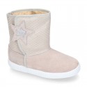 ESKIMO style large kids boot shoes with hook and loop strap closure in Suede leather with STARS print design.