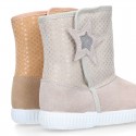 ESKIMO style large kids boot shoes with hook and loop strap closure in Suede leather with STARS print design.