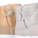 ESKIMO style large kids boot shoes with hook and loop strap closure in Suede leather with STARS print design.