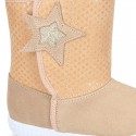 ESKIMO style large kids boot shoes with hook and loop strap closure in Suede leather with STARS print design.