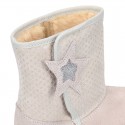 ESKIMO style large kids boot shoes with hook and loop strap closure in Suede leather with STARS print design.