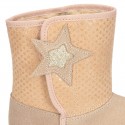 ESKIMO style large kids boot shoes with hook and loop strap closure in Suede leather with STARS print design.