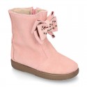 Suede leather Girl ankle boot shoes with fake hair lining and RIBBON design.