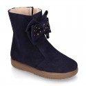 Suede leather Girl ankle boot shoes with fake hair lining and RIBBON design.