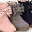 Suede leather Girl ankle boot shoes with fake hair lining and RIBBON design.