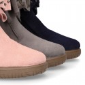 Suede leather Girl ankle boot shoes with fake hair lining and RIBBON design.