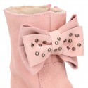 Suede leather Girl ankle boot shoes with fake hair lining and RIBBON design.