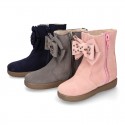 Suede leather Girl ankle boot shoes with fake hair lining and RIBBON design.