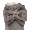 Suede leather Girl ankle boot shoes with fake hair lining and RIBBON design.