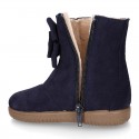 Suede leather Girl ankle boot shoes with fake hair lining and RIBBON design.