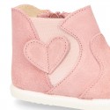 Girl Ankle boot shoes with zipper closure and elastic band with HEART design in suede leather.