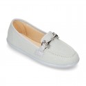 Cotton canvas Moccasin shoes with stirrup detail for toddler boys.