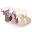 Baby girl bootie with BOW, hook and loop strap closure in suede leather.