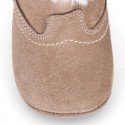 Baby girl bootie with BOW, hook and loop strap closure in suede leather.