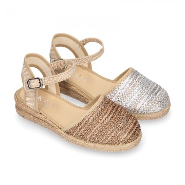 Special Girl CEREMONY espadrille shoes with laminated Raffia and little wedge design.