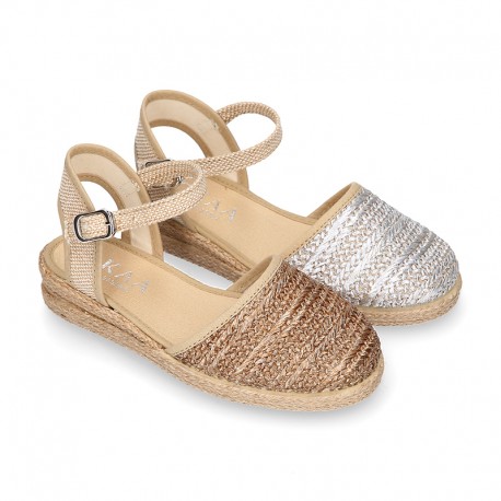 Special Girl CEREMONY espadrille shoes with laminated Raffia and little wedge design.