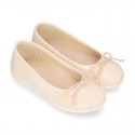 LINEN Cotton canvas Girl Ballet flat shoes with adjustable bow design.