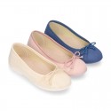 LINEN Cotton canvas Girl Ballet flat shoes with adjustable bow design.