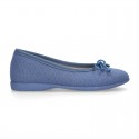 LINEN Cotton canvas Girl Ballet flat shoes with adjustable bow design.