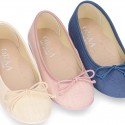 LINEN Cotton canvas Girl Ballet flat shoes with adjustable bow design.