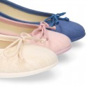 LINEN Cotton canvas Girl Ballet flat shoes with adjustable bow design.