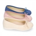 LINEN Cotton canvas Girl Ballet flat shoes with adjustable bow design.