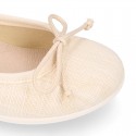 LINEN Cotton canvas Girl Ballet flat shoes with adjustable bow design.