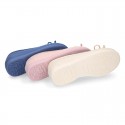 LINEN Cotton canvas Girl Ballet flat shoes with adjustable bow design.