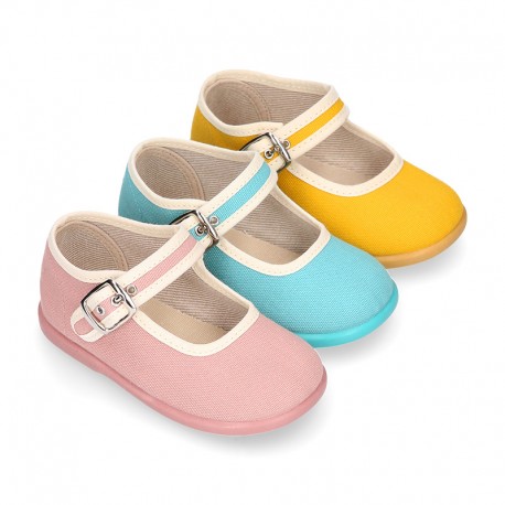 ORGANIC Cotton canvas Girl Mary Jane shoes with buckle fastening.