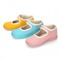 ORGANIC Cotton canvas Girl Mary Jane shoes with buckle fastening.