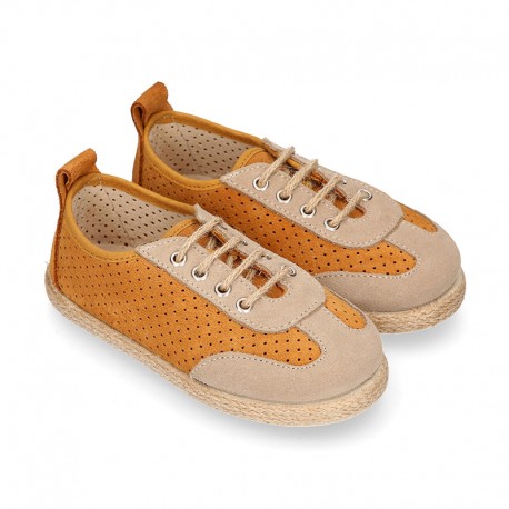 Suede leather kids Sneaker style espadrille shoes with perforated design.