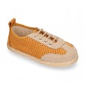 Suede leather kids Sneaker style espadrille shoes with perforated design.