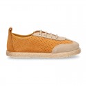 Suede leather kids Sneaker style espadrille shoes with perforated design.