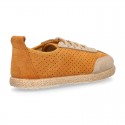 Suede leather kids Sneaker style espadrille shoes with perforated design.