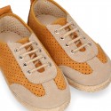 Suede leather kids Sneaker style espadrille shoes with perforated design.