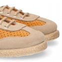 Suede leather kids Sneaker style espadrille shoes with perforated design.