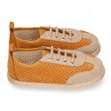 Suede leather kids Sneaker style espadrille shoes with perforated design.