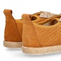 Suede leather kids Sneaker style espadrille shoes with perforated design.