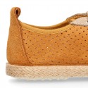 Suede leather kids Sneaker style espadrille shoes with perforated design.
