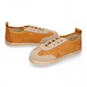 Suede leather kids Sneaker style espadrille shoes with perforated design.