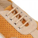 Suede leather kids Sneaker style espadrille shoes with perforated design.