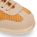 Suede leather kids Sneaker style espadrille shoes with perforated design.