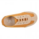 Suede leather kids Sneaker style espadrille shoes with perforated design.