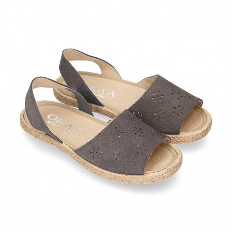 Grey Suede leather Sandal shoes espadrille style with FLOWERS design.