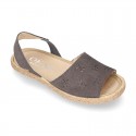 Grey Suede leather Sandal shoes espadrille style with FLOWERS design.