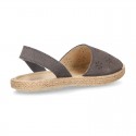 Grey Suede leather Sandal shoes espadrille style with FLOWERS design.