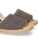 Grey Suede leather Sandal shoes espadrille style with FLOWERS design.